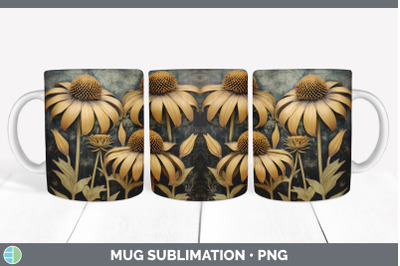 3D Black and Gold Coneflower Flowers Mug Wrap | Sublimation Coffee Cup