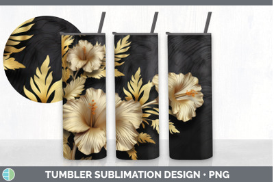 3D Black and Gold Hibiscus Flowers Tumbler | Sublimation 20 oz Skinny