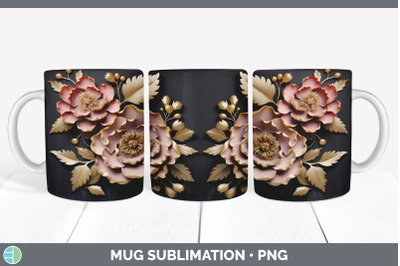 3D Black and Gold Peony Flowers Mug Wrap | Sublimation Coffee Cup Desi