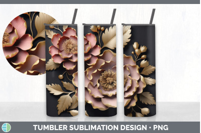 3D Black and Gold Peony Flowers Tumbler | Sublimation 20 oz Skinny Tum