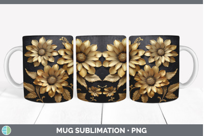 3D Black and Gold Zinnia Flowers Mug Wrap | Sublimation Coffee Cup Des