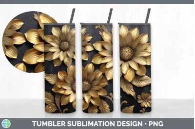 3D Black and Gold Zinnia Flowers Tumbler | Sublimation 20 oz Skinny Tu
