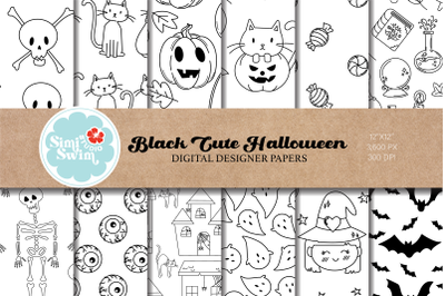 Spooky Cute Black Line Halloween Digital Papers, Spooky Cute Patterns,