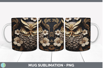 3D Black and Gold Owl Bird Mug Wrap | Sublimation Coffee Cup Design