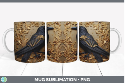 3D Black and Gold Crow Bird Mug Wrap | Sublimation Coffee Cup Design