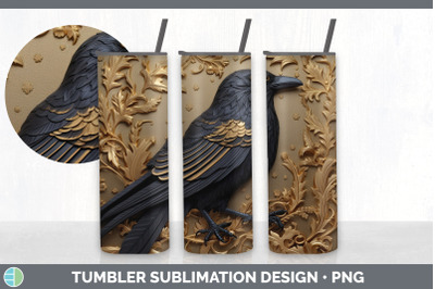 3D Black and Gold Crow Bird Tumbler | Sublimation 20 oz Skinny Tumbler