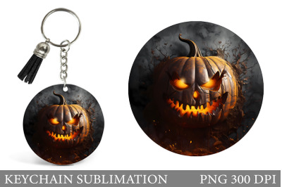 Scary Pumpkin Keychain Design. Halloween Round Keychain