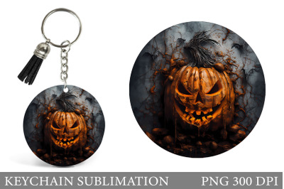 Halloween Keychain Design. Scary Pumpkin Round Keychain