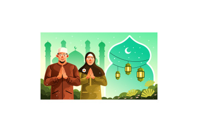 Eid Greetings from Muslim Couple Illustration