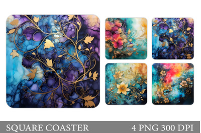 Abstract Square Coaster. Alcohol Ink Flowers Coaster Design    The zip