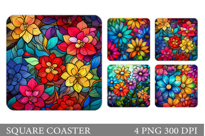 Stained Glass Rainbow Flowers Square Coaster Design