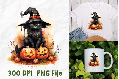 Halloween Witch Black Cat Sit On Pumpkin