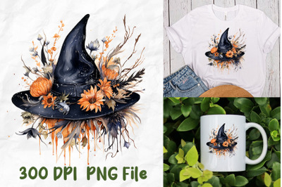 Halloween Witch Hat Autumn Flower Leaves