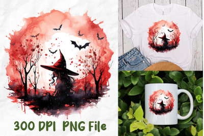 Halloween Witch Silhouette Red Moon Bats