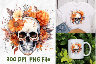 Halloween Skull Autumn Leaves Flowers