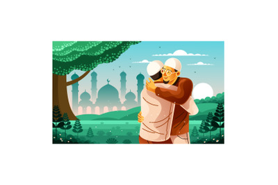 Muslim Embrace on Eid Al-Fitr Celebration Illustration