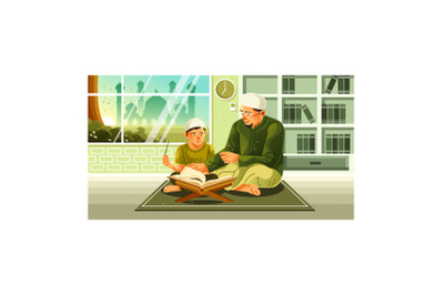 Muslim Father Teaching Quran to Son Illustration