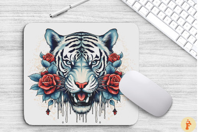 Tiger&#039;S Face With Rose Flowers Mouse Pad