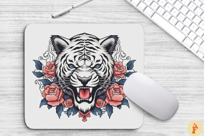 Tiger&#039;S Face With Rose Flowers Mouse Pad