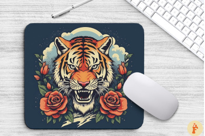 Angry Tiger And Roses Mouse Pad