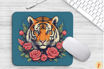 Tiger&#039;S Face With Rose Flowers Mouse Pad