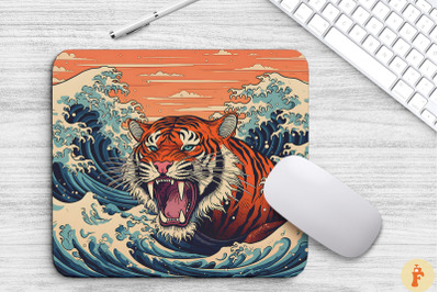 Tiger Rising With Anime Waves Mouse Pad