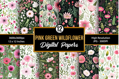 Pink and Green Wildflowers Seamless Pattern Digital Papers