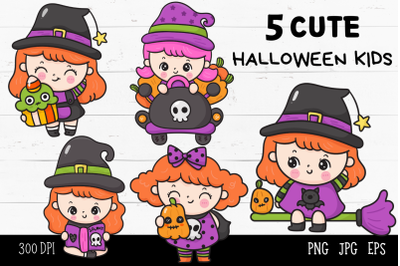 Halloween kids witch girl kawaii clipart. Cute cartoon witch