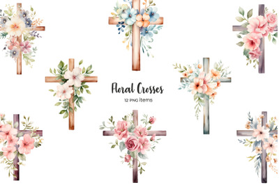 Watercolor floral cross clipart. Easter cross clip art. Watercolor greenery crosses with flower. Wooden cross PNG. Watercolor Easter cross