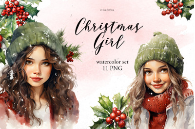 Watercolor Christmas Girl| PNG Clipart bundle