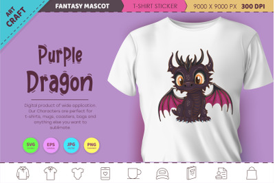 Cartoon purple dragon. Fantasy clipart.