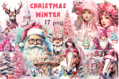 Watercolor Christmas Vintage clipart pink winter Sublimation