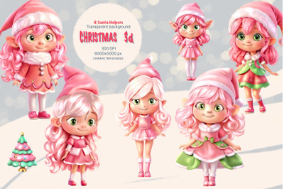 3D Christmas Pink Elf Characters Bundle - Set of 6 Girls