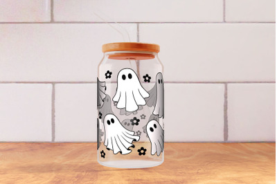 Ghost Flower Can Glass Wrap SVG 16oz, Halloween Glass Can.