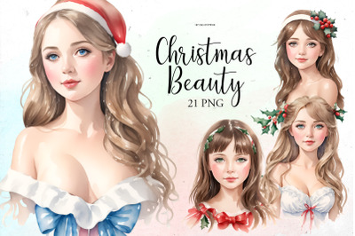 Watercolor Christmas Beautiful Girl| PNG Clipart bundle