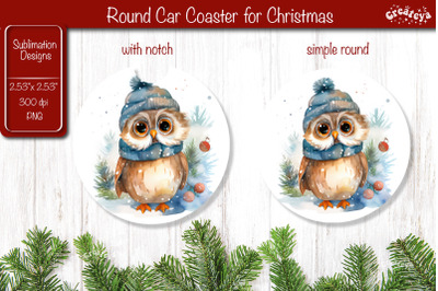 Car coaster Coaster Christmas Sublimation with cute Christmas Owl PNG.