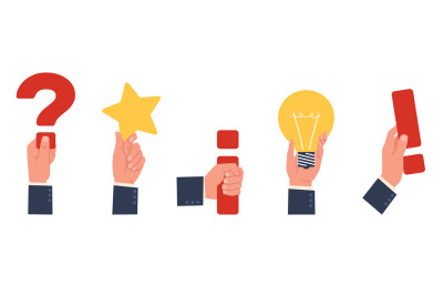 Business people hands hold symbols of question, star, bulb, exclamatio