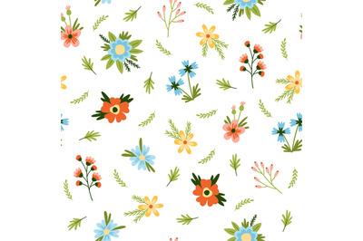 Seamless pattern with different cute flowers. Pastel colors. Isolated