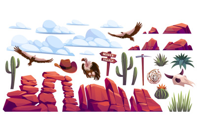 Desert cactus and rocks. Cartoon flat arid landscape elements&2C; flora a