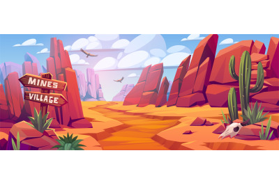 Desert landscape. Canyon panorama, cartoon rocks and stones, eagles in