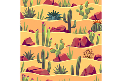 Desert cacti seamless pattern. Cartoon plants and rocks with sandy lan