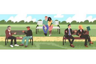 People on benches. Motley audience resting in park, romantic couple, b