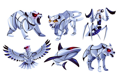 Futuristic robotic animals. Fauna cyborg powerful characters, cartoon