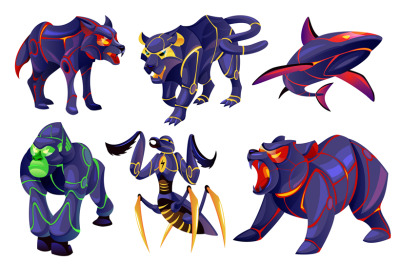 Cyborg animals. Futuristic dark metal fauna characters&2C; robotic powerf