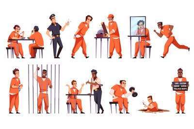 Prisoners characters. Guys in orange jumpsuits, law violation, punishm