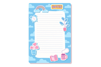 Notes page. Planner sheet template. Cute stickers on blue background.