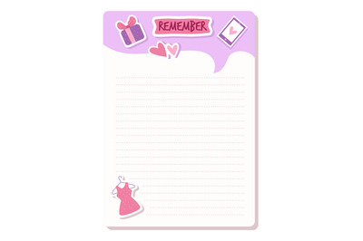 Remember planner sheet. Pink girly organizer or notebook page. School