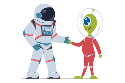 Astronaut with alien. Cosmonaut in spacesuit with helmet. Cosmic frien