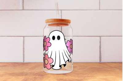 Ghost and Flowers Can Glass Wrap 16oz SVG, Halloween Ghost Can Glass.