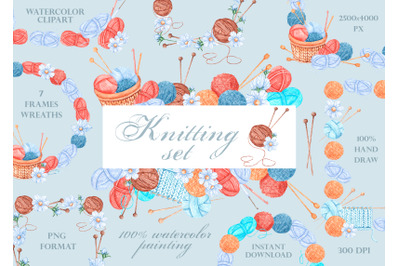 Knitting watercolor frames, wreaths. logo. Knitting tools. Needlework.